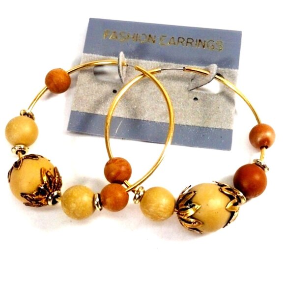Boho Beaded Hoop Earrings – Natural Wood Look Beads, Gold-Tone Wire – Jewelry #4 - Picture 1 of 6